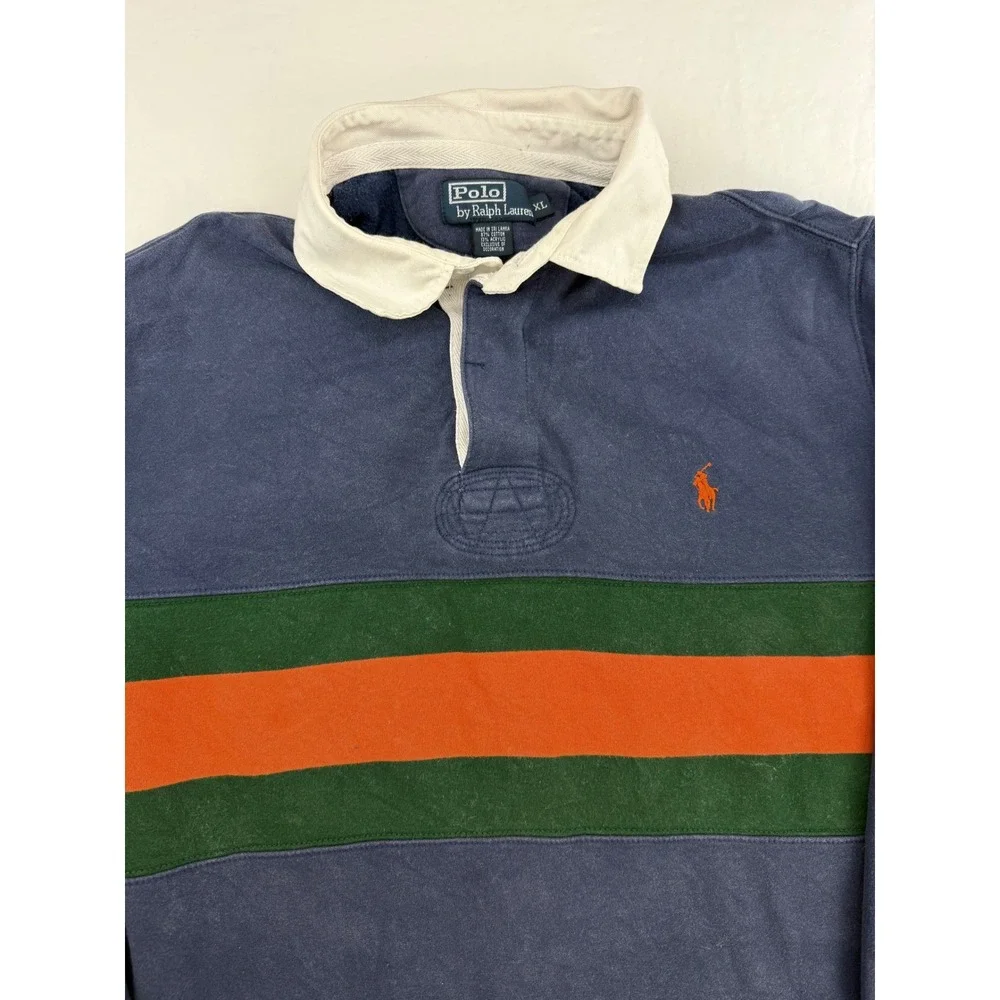 Polo Ralph Lauren Mens XL Rugby Shirt Long Sleeve Navy Blue Green Orange Stripe